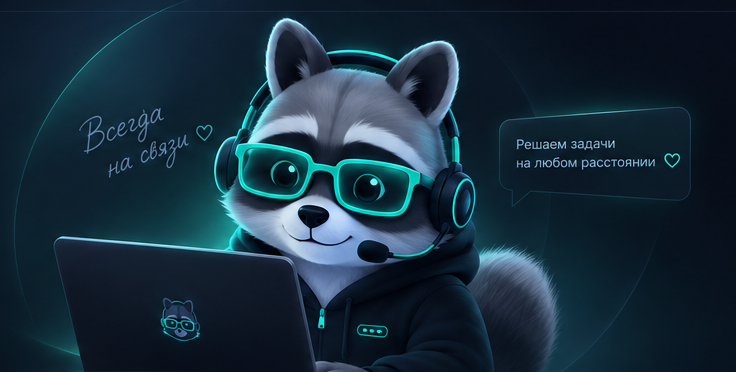 Енот EnotDesk в наушниках и очках за ноутбуком